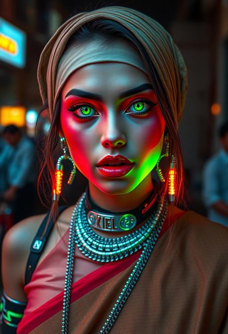 cyberpunk girl in New Delhi, clothing a combination of traditional Indian clothing and new cyber punk items, dramatic heavy luminescent red eyeshadow:1.5, big highly detailed green 
eyes, full pouty lips, lips parted seductively, cybernetic arms, 
highly detailed luminescent green cybernetic eyes