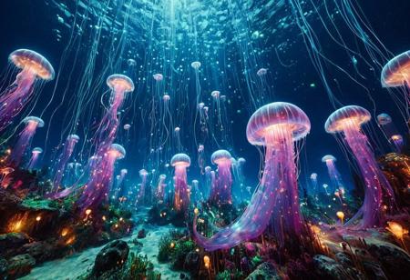 masterpiece, best quality, ultra-detailed, vivid lighting, wide-angle underwater shot. A vast, dreamlike marine world glowing with vibrant, bioluminescent light. The ocean floor is teeming with life — coral towers and waving sea anemones in radiant purples, pinks, blues, and greens, each pulsing softly like underwater lanterns. Enormous jellyfish drift slowly through the water, their translucent bodies trailing long luminous tendrils. Schools of small fish swim in coordinated patterns, their scales reflecting the colored light like polished glass. Gigantic deep-sea creatures hover silently in the distance, casting shimmering shadows over the reef. The bioluminescent sources — fish, flora, and mysterious deep-sea entities — are the only illumination, painting the scene with brilliant, surreal hues. The water is crystal clear, filled with glowing particles in constant motion, giving the impression of drifting stardust. Mood: awe-inspiring, enchanted, full of movement and life.