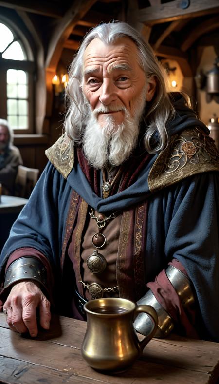 A detailed cinematic waist shot portrait photo of a grizzled old male wizard , looking friendly, (((looking at viewer))), wearing ornate mediveal cloak. Mediveal setting. Inside a dark dingy and busy mediveal inn, He is sitting on a table drinking a strange yet enticing concoction from a dirty brass mug