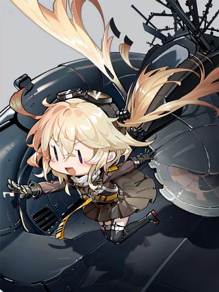 fairy \(kancolle\), 1girl, solo, goggles, blonde hair, gloves, thighhighs, striped, goggles on headwear, open mouth, smile, striped thighhighs, chibi, white background, | |, jacket, helmet, goggles on head, simple background, running, skirt, hair between eyes, :d, short hair, full body, original, intricate detail, illustration, masterpiece, extremely detailed CG unity 8k wallpaper, highlight, sharpening, dynamic, <lora:Fairy-3:1>