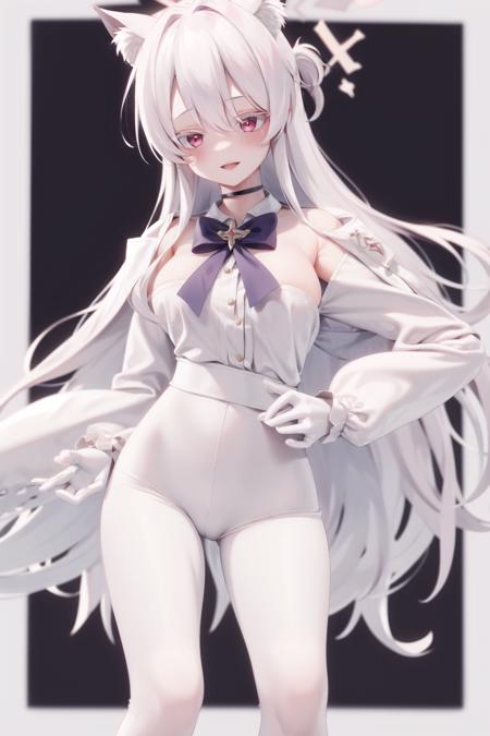 1girl,animal ear fluff,animal ears,belt,black bow,black bowtie,black choker,bow,bowtie,brooch,cat ears,choker,coat,colored eyelashes,gloves,halo,jewelry,long hair,pants,red eyes,shirt,shirt tucked in,smile,solo,white belt,white coat,white gloves,white hair,white pants,white shirt,akira (blue archive) <lora:akira:1> <lyco:mmd-v3-epoch07-locon:1>