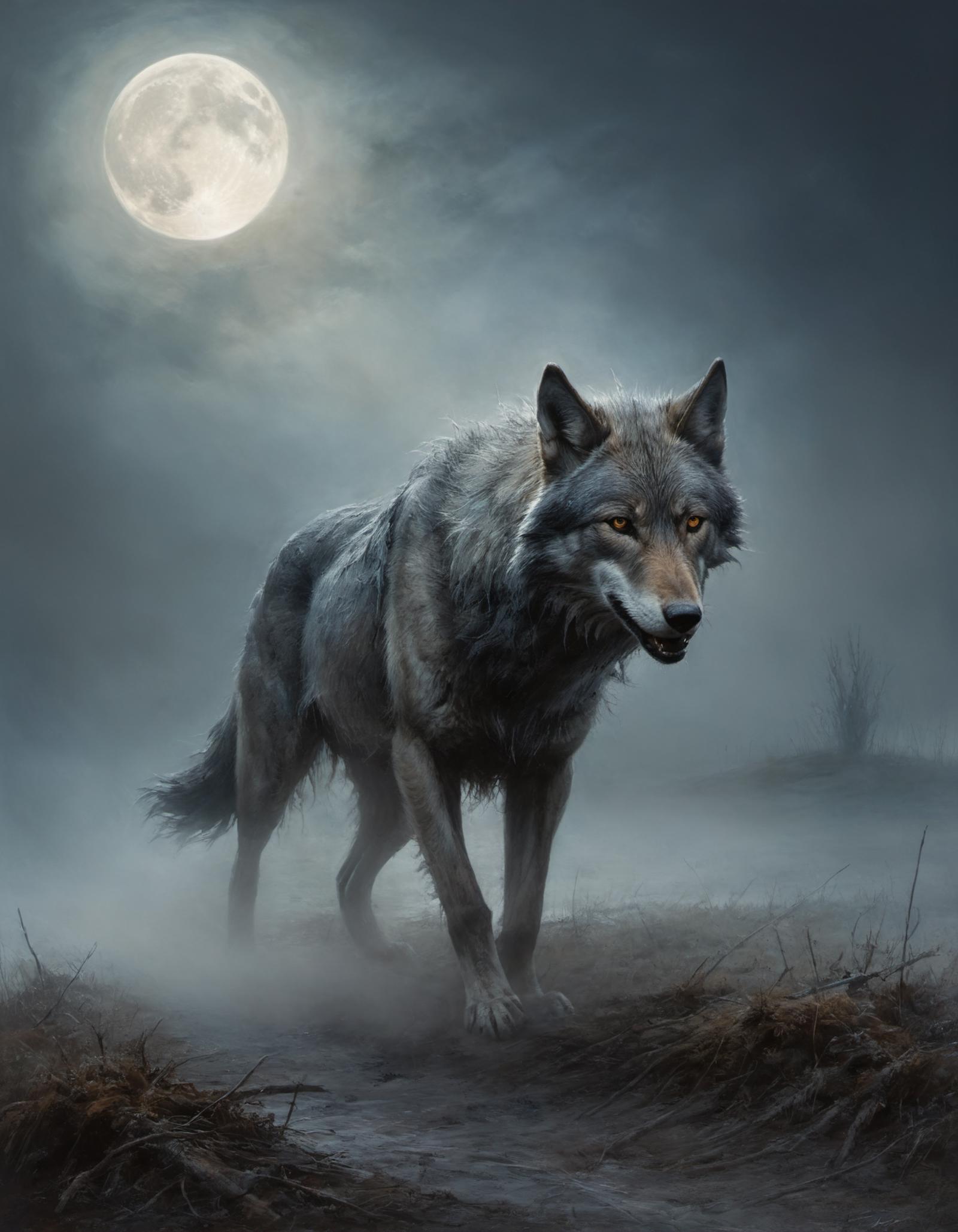 A large wolf with glowing eyes stands on a field at night, with a full moon in the background.
