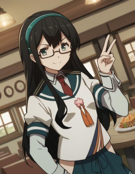 ooyodo, long hair, blue eyes, black hair, green eyes, hairband, glasses, semi-rimless eyewear, under-rim eyewear, ooyodo (kancolle) skirt, long sleeves, school uniform, pleated skirt, necktie, serafuku, sailor collar, blue skirt, red necktie, hip vent,