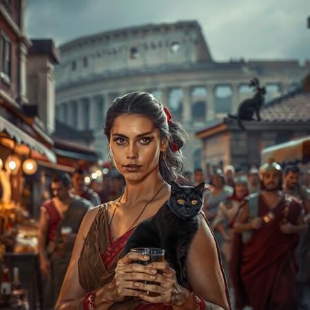 Setting is a 1st century Roman Empire market in Rome at night, the market is comprised of street vendors selling, food, weapons, and clothing. Everyone and everything in the image is appropriate for a scene from Ancient Rome, People wearing Roman clothing are walking through the street market shopping and eating, in the foreground is a merchant selling beverages and food at a market kiosk, (((a beautiful woman, 24 years old is standing in the foreground, the woman  facing the viewer with a cup of alcohol beverage in her hand. Her eyes are beautiful and focused on the viewer, she has an expression of interested curiosity))), Roman Soldiers are walking behind the beautiful woman, one of the solders turns to look at the beautiful woman with the cat, many people are walking by in the busy street market, the woman is dressed in high fashion Roman Empire clothing with an alluringly sexual, but traditional roman aesthetic. The woman's hair is elegantly tied up with a ribbon. Artistic ancient Roman aesthetic, dynamic perspective, (((overall architectural aesthetic is Ancient Rome in 1st Century Roman Empire era))).  Epic image that elicits a feeling of wonder and awe, Rome Coliseum Roman Forum architecture in background, a sleek black cat with red collar is visible sitting on a roof in the background,
