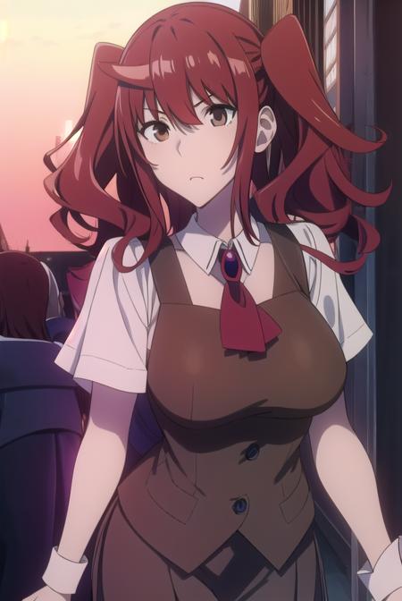 erikakuramoto, <lora:erikakuramototest:1>,
erika kuramoto, twintails, (red hair:1.5), two side up, (brown eyes:1.5), hair between eyes, (large breast:1.2),
BREAK collared shirt, shirt, ascot, red ascot, juliet sleeves, short sleeves, sweater, brown sweater vest,
BREAK looking at viewer,
BREAK indoors, classroom,
BREAK <lora:GoodHands-vanilla:1>, (masterpiece:1.2), best quality, high resolution, unity 8k wallpaper, (illustration:0.8), (beautiful detailed eyes:1.6), extremely detailed face, perfect lighting, extremely detailed CG, (perfect hands, perfect anatomy),