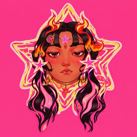 1girl, sm0k, earrings, star (symbol), upper body, flames, ornaments, simple background, pink, eyes open, long dark hair, hair clips, dark skin