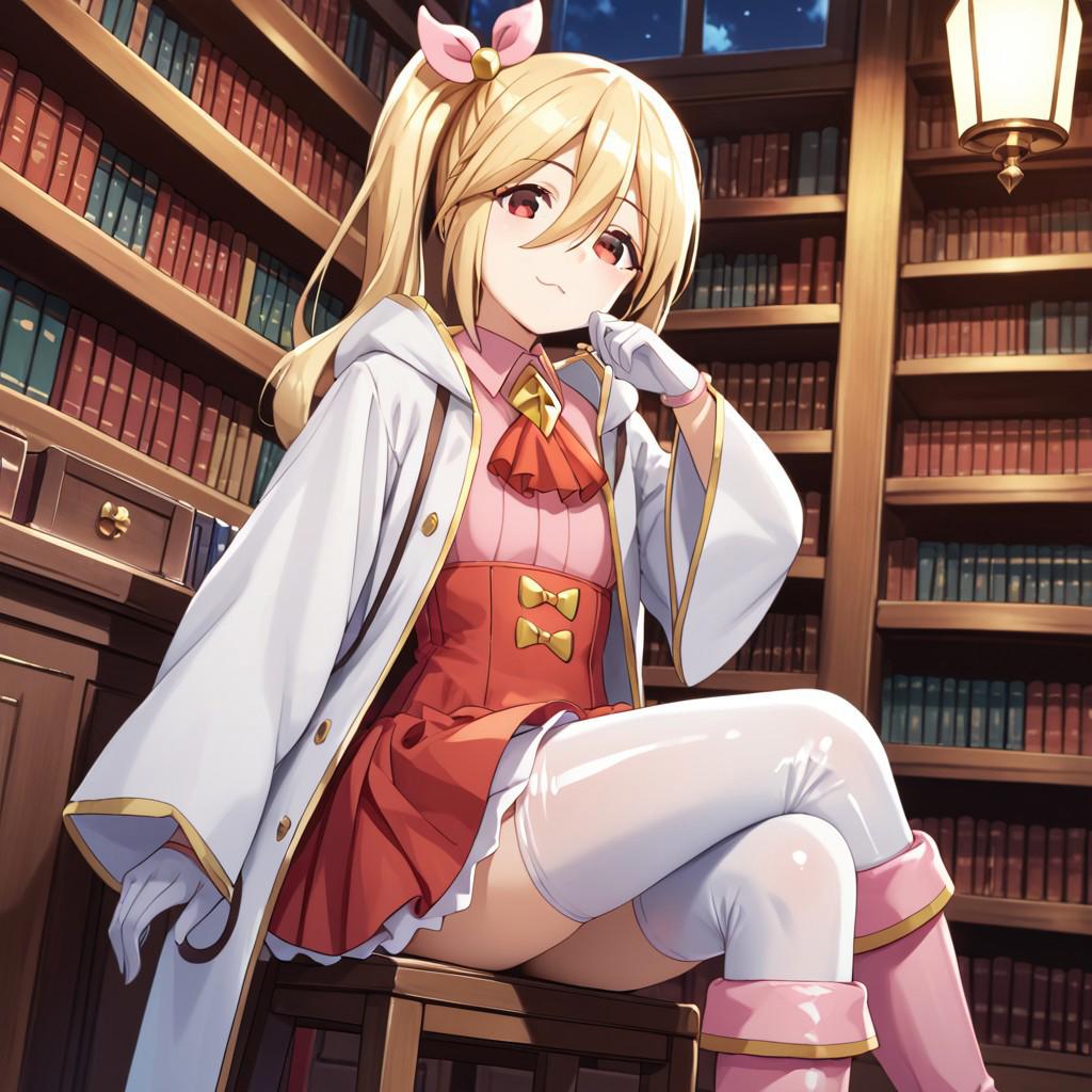 masterpiece, best quality, score_9, score_8_up, score_7_up, full body, 1 girl, looking at viewer, cowboy shot, dutch angle, sitting on chair, library, night, <lora:bofuri-frederica-s2-ponyxl-lora-nochekaiser:1>, frederica, long hair, bangs, blonde hair, red eyes, bow, hair between eyes, hair bow, ponytail, side ponytail, latex skirt, long sleeves, latex dress, latex jacket, open clothes, wide sleeves, coat, ascot, white latex jacket, pink latex boots, flat boots, white latex gloves