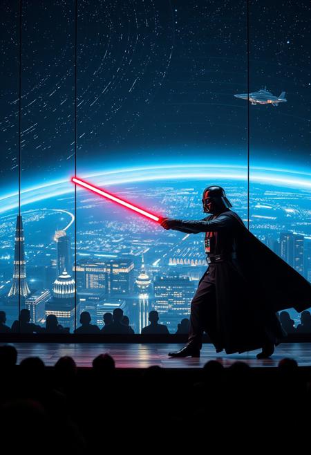 immaculately detailed realistic ultra quality image focused on Darth Vader (Star Wars) and Luke Skywalker engaged in a lightsaber duel on a futuristic stage micro-LED lighted, behind the dancer on the stage is an enormous seamless and futuristic wall to wall and floor to ceiling window that looks out at a the planet's surface covered with the lights of enormous buildings and cities, An enormous deco starship with futuristic lighting and an enormous space station are visible in the background among the stars, Artistic art deco, dynamic perspective, (((overall architectural aesthetic is Art Deco Cyberpunk))).  Epic image that elicits a feeling of romanticism, wonder, and awe, the silhouette of the audience can be seen in the foreground that show the enormous scale of the stage and seamless window behind it,