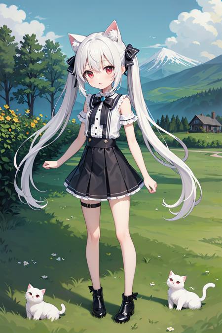 (((masterpiece))), best quality, illustration, 1girl with light white long hair, beautiful detailed red eyes, light white long straight hair, (cute), (petite), slim, solo, solo focus, standing, full body, cat ears, twintails, mini skirt, sky, grass, mountains