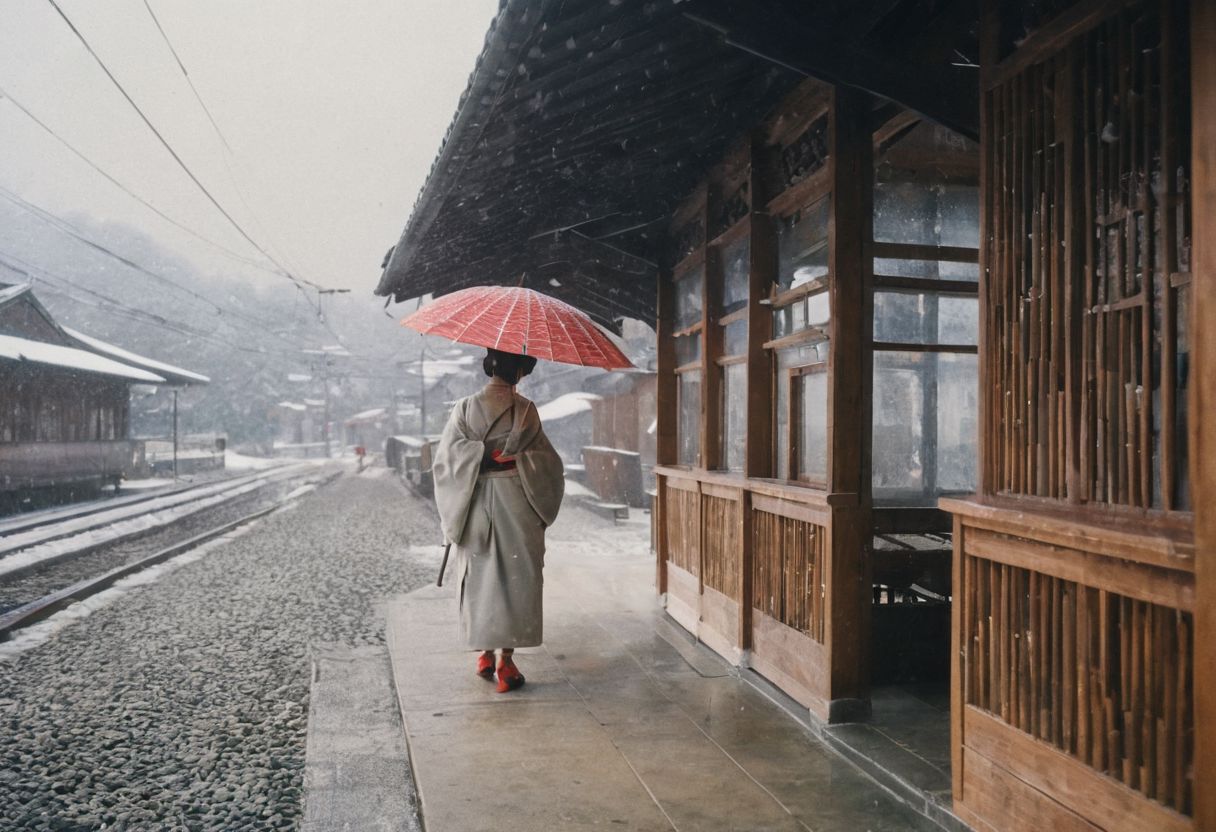 leica m3, 35mm Voigtlander lens, Portra 160/400, photo of woman in kimono hold umbrella at afar, Shirakawa wooden train station, photo taken in the 1950s, bad sunlight heavy snow, high resolution, high contrast, natural  sunlight
