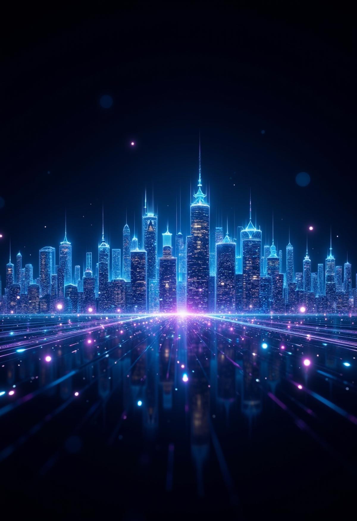 This eye-catching digital artwork features a neon-lit city skyline in wire form with a futuristic background. The black space serves as a canvas for the glowing blue and purple lights that seem to pulse along the building, giving the work a sense of movement and energy. The contrast between the illuminated areas and the dark background creates a striking visual effect and emphasizes the elegance of the skyliner. This work demonstrates the artist's ability to combine traditional art techniques with digital technology, resulting in a stunning holographic style image that captivates the viewer. ,  <lora:FluxDFaeTasticDetails.safetensors:0.8> <lora:glowing_flux.safetensors:0.8>,