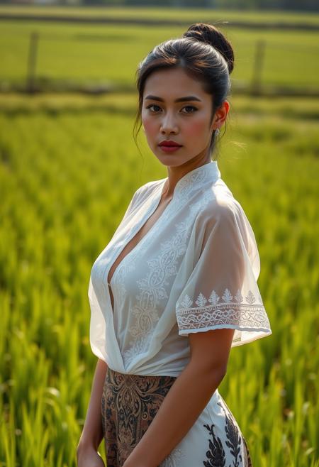 Hyper realistic, ultra realistic, highly detailed, 24 years old female, (indonesian:1.3), 1girl, beautiful, hair bun_hairstyle, black hair, oval face, serious face expression, big breasts, athletic perfect body, (full body), tan body, ((wearing white transparent kebaya blouse over batik kemben torso wrap)), stand up, 
 looking at viewer, paddy farm field background, bright lighting from front
