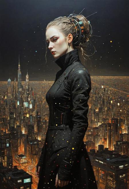 by Abigail Larson,  (eminent, futuristic-cyberpunk cityscape but extremely beautiful:1.4), (intricate details, masterpiece, best quality:1.4) , in the style of nicola samori,
Pointillism style painting, Composed entirely of small distinct dots of color, vibrant, highly detailed, pointillism,, looking at viewer