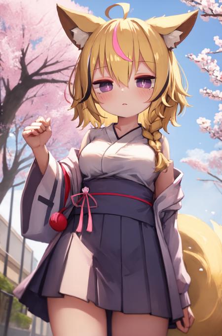 masterpiece, omaru polka, fox ears, blonde hair, playing card theme, fox girl, fox tail, streaked hair, (black hair:0.4), (pink hair:0.4), (facial marks:0.6), purple eyes, symbol shaped pupils, side braid, hair over shoulder, ahoge, medium breasts, school, sakura, cherry blossoms, japanese highschool, outdoors