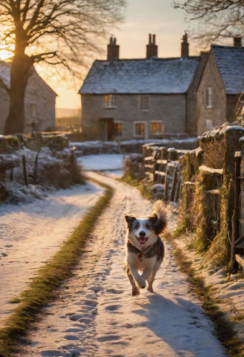 Old English Winter Village, 
mild evening light, a happy dog running,