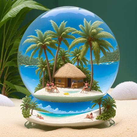 a tropical island in a snowglobe with coconut palm trees, sand beach and sexy girls <lora:Snow_Globes_for_SDXL-000010:1>