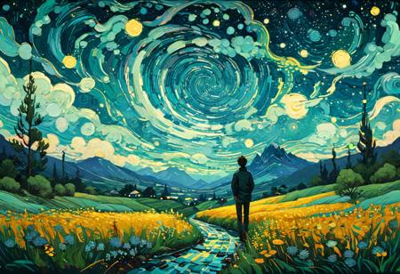 Art by James R. Eads, Swirling and flowing lines define the vivid landscapes and sky, drawing inspiration from Van Gogh's Starry Night. each piece appears as a vision or a dream with psychedelic colors and a sense of movement that suggests a connection to the spiritual or metaphysical world. the style is heavily influenced by the natural world and uses bright and contrasting colors to add depth and emotion. by Satori Canton, acrylic painting, trending on pixiv fanbox, palette knife and brush strokes, style of makoto shinkai jamie wyeth james gilleard edward hopper greg rutkowski studio ghibli genshin impact<lora:xl_more_art-full_v1:0.3>