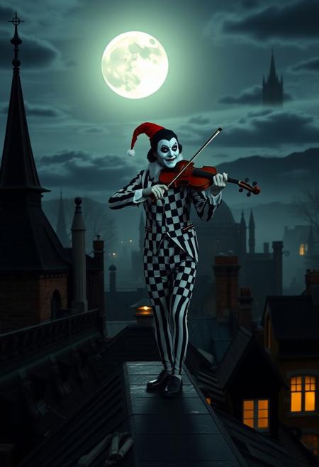a man wearing a harlequin costume stands on a rooftop playing a violin, gothic rooftops, full moon, bright moonlit scene