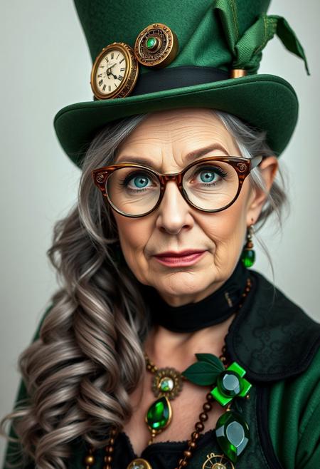 Steampunk portrait. Layout: Close-up shot. Subject: A mature woman with fair skin and long, wavy grey hair, wearing a green top hat adorned with intricate brass gears, a clock, and green fabric. The person has striking blue eyes and wears unique, ornate glasses with a leaf-like design. The attire includes green and black clothing with large, green gemstone accessories. The background is a soft, light gradient, keeping the focus on the subject's detailed and expressive facial features.