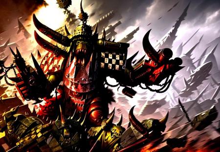 masterpiece,best quality,extremely detailed CG wallpaper, ultra_detailed,(high quality+high quality),warhammer40k,ork,two eyes,a warhammer with a huge horned head and a huge sword in his hand, in front of a large group of other warhammers, cloud, cloudy_sky, weapon, lightning, armor, city, helmet, horns, sky