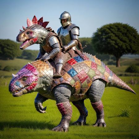 Masterwork, masterpiece, best quality, good quality, very aesthetic, absurdres, newest, ptchkrawk, an ankylosaurus wearing patchwork armor and a saddle, being ridden by a knight in shining plate armor, in a farmer's field
