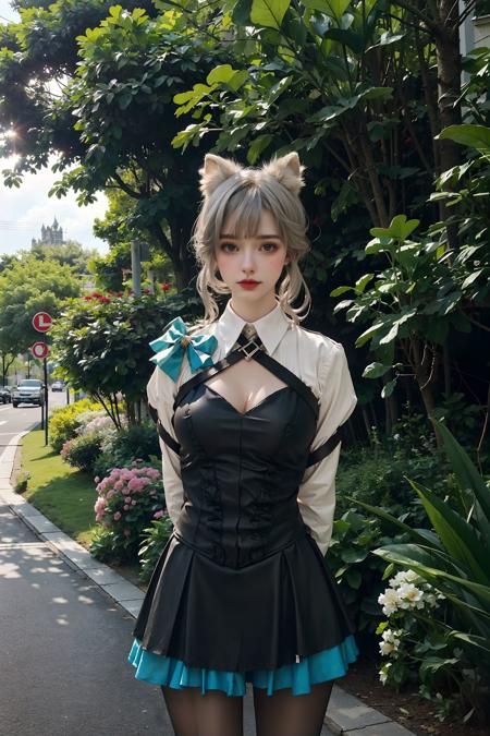 <lora:Lynette:0.75>,realistic, photorealistic,  Lynette_genshin,((1girl)), cowboy shot,close-up,grey hair, cat ears, black short dress, white long sleeves, black pantyhose, cleavage, upper body,(((arms behind back))),((standing)),outdoors, castle, streets, green plants, flowers,