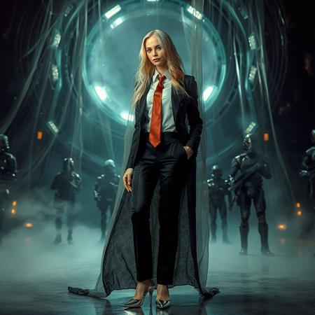 slender arrogant cold russian blonde lady wearing rich black glossy satin business trouser suite with lace inserts, small size opulent glossy high heels, white shirt, red silk tie, jewels, elegant small light saber,  standing  covered with giant ultrathin transparent glossy slime veils, giant portal to outer space, fog from the floor, empire spaceship hangar, surrounded by halo odst troopers, fashion look, hollywood, vogue makeup, porcelain skin, long haired, ultrathin waisym reminiscent of H.R. Giger, Zdzisław Beksinski, and Ash Thorp's dark, sleek styles, with close-up glamour photography, glossy satin and silver heels glistening, fleshy slime dripping, and dark shadows.