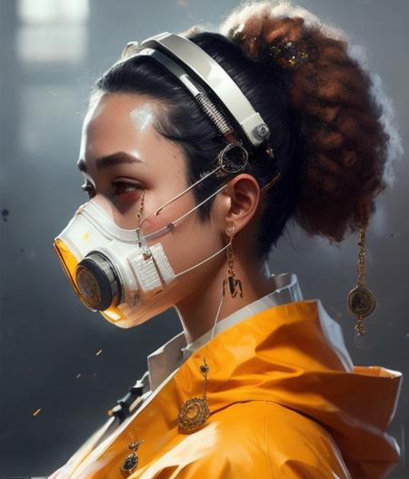 wide profile angle of character wearing a lab coat and jewellery and hazmat mask, (((man))), a detailed painting, cgsociety, detailed painting, artstation hd, high detail, cgsociety, photorealism, concept art, artstation hd, official art