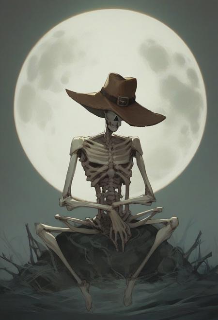 score_9, score_8_up, score_7_up, full dark, no stars, skeleton wearing cowboy hat, sitting on moon