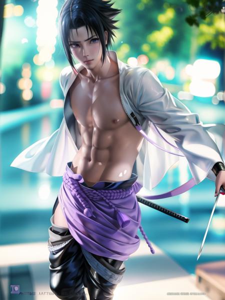 1boy, Sasuke, a man with a sword in his hand, purple skirt, wearing SSK_outfit, posing for a picture, left shoulder exposed, abs,  <lora:sasuke:0.8> , dynamic pose, (masterpiece:1.4),(best quality:1.4),(shiny skin),realistic, eastern architecture , masterpiece, highly detailed, 8K, stunning, hdr, subsurface scattering, global illumination, cinematic lighting, sunlight, realism, hyperrealistic , best quality, highres, (RAW photo:1.2), (photorealistic:1.2),(masterpiece:1.4), illustration, artstation,  Alembert Oclusion, SSAO, Bokeh, Cinematic,  Depth of Field, DOF, Vignette, Anti-Aliasing  <lora:sakimichanStyle_v15Fix:0.8>, art by sakimichan , (sakimi-style:0.8), (nixeu_soft:0.2)