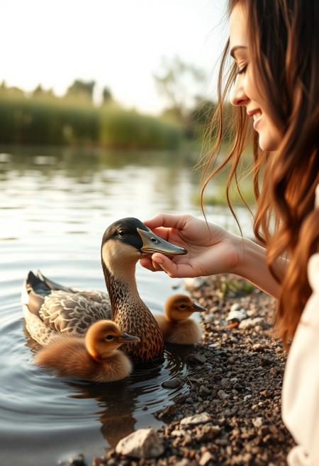 beautiful woman on the shore feeding a duck and her chicks in a pond in the morning, close up on face and duck
