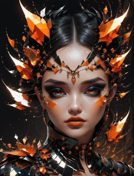 ,frct style,sorcerer casting a spell,8k,masterpiece, jewels, Fae theme, Black and Orange palette, intricate, mistic, Strange symbols, Beautiful, symmetrical face, intricate, elegant, highly detailed,8k, digital painting, trending on pinterest, GUCCI, PRADA, harper's bazaar, concept art, sharp focus, golden ratio, illustration, by artger <lora:FractalShardsXL:0.87>