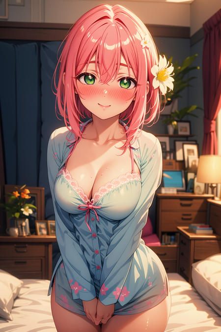 1girl, solo, BREAK indoors, bedroom, looking at viewer, (masterpiece:1.2), best quality, high resolution, unity 8k wallpaper, (illustration:0.8), (perfect hands, perfect anatomy), (blush:1.5), shiny hair, shiny skin, standing, hanazono hakari, short hair, pink hair, hair between eyes, hair flower, hair ornament, green eyes, large breasts, pajamas, white pajama, breasts, cleavage, no pants, thighs, breasts squeeze, v arms,