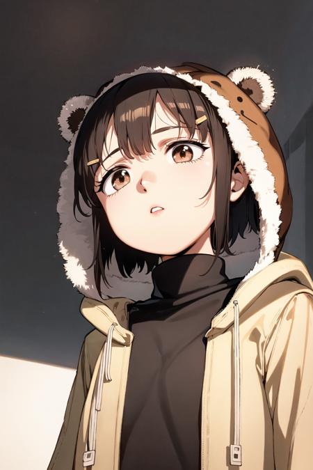 iwakura lain, 1girl, solo, short hair, bangs, brown hair, shirt, hat, brown eyes, jacket, upper body, parted lips, open clothes, hairclip, hood, coat, black shirt, turtleneck, from below, looking up, animal print, asymmetrical hair, beanie, bear print