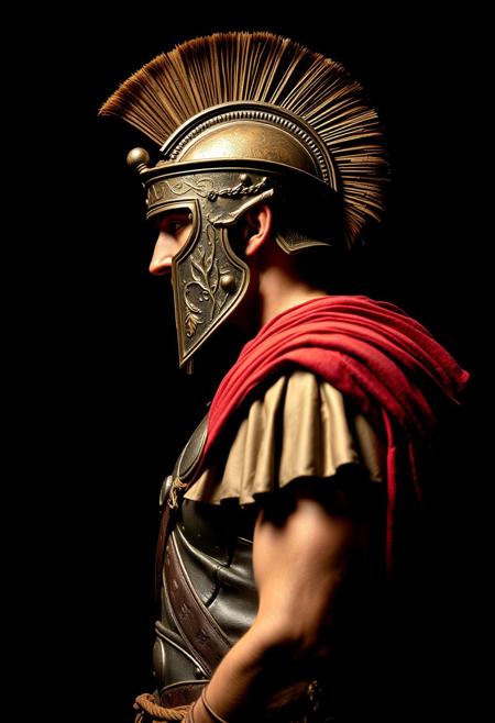 side view of an ancient Roman soldier, hyper realistic, studio photography, dramatic lights, dynamic shadows, black background, chiaroscuro, high contrast lights