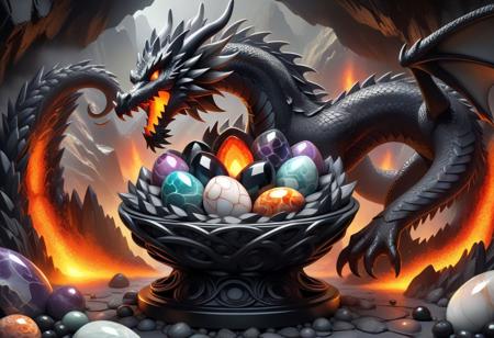masterpiece, best quality, detailed illustration, (brighten the front:1.0), beautiful marble dragon eggs inside a nest made of black stand and obsidian crystals. volcanic background.