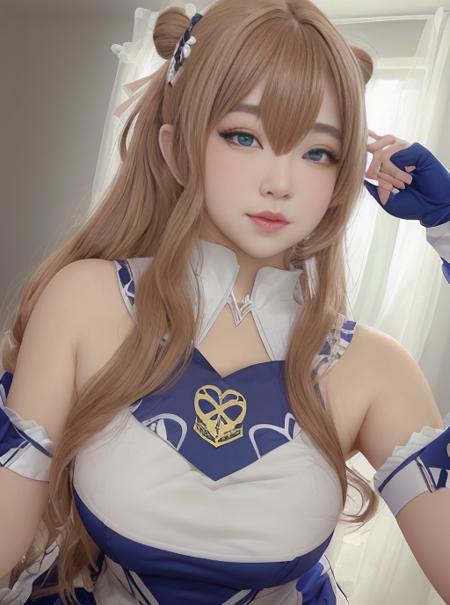 Tsikyo woman wearing a cheerleading uniform, brown eyes, dark blonde hair, hyper realistic, 4k, masterpiece, beautiful, facing the viewer, headshot, ((white skin)), cleavage