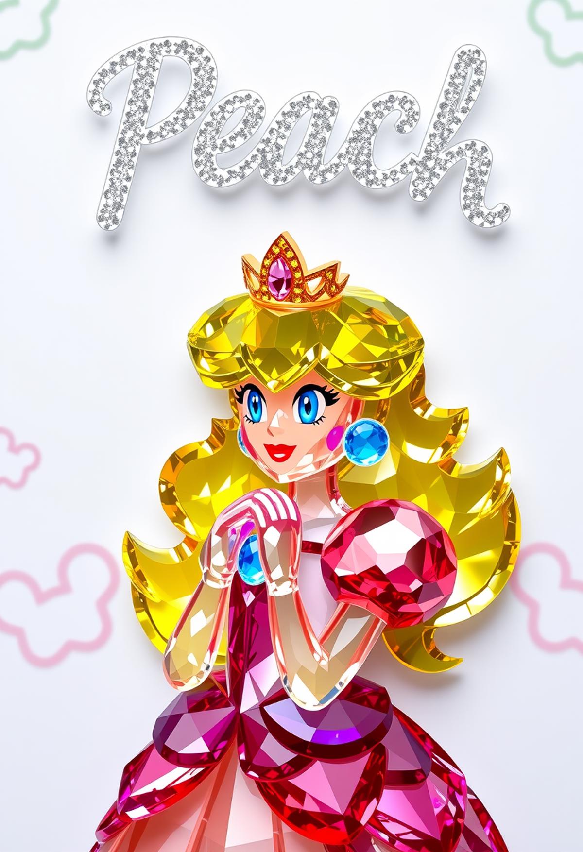 princess peach made of colored crystal. glittering crystal text above "Peach".super mario theme background,highly detailed,masterpiece,high quality,pamcrystal