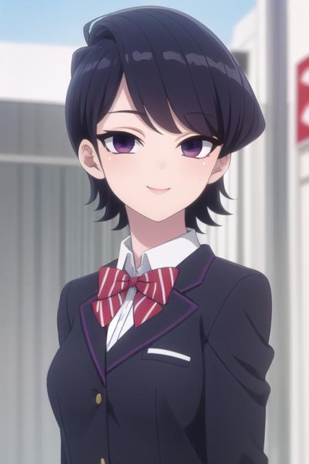 mature female Komi Shuuko short hair,black hair,shiny hair,swept bangs,purple eyes school uniform,blue jacket,blazer,collared shirt,white shirt,red bowtie,striped bowtie,diagonal-striped bow,medium breasts,skindentation,long sleeves,red skirt,pleated skirt,striped skirt,black socks,loafers