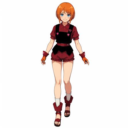 masterpiece,high quality,(white background:1.5),
<lora:elpeople003:0.5>,solo,smile,looking at viewer,
elpeo_ple,1loli,short hair,orange hair,bangs,sidelocks,blue eyes,
necklace,pendant,
overalls,black vest,pink triangle button,dark red shirt,short sleeves,belt,
single glove,fingerless glove,left hand glove,bare right hand,
dark red short pants,frills,leg warmers,socks,sandals,
full body,