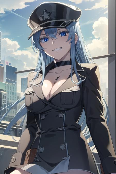 esdeath, <lora:agk esdeath s1-lora-nochekaiser:1>,
esdeath, blue eyes, blue hair, long hair, smile, grin,
BREAK boots, choker, cleavage, collarbone, hat, ice, military, military uniform, peaked cap, thigh boots, thighhighs, uniform,
BREAK outdoors, city, building, sky, sun, clouds, people, crowd,
BREAK looking at viewer, (cowboy shot:1.5),
BREAK <lyco:GoodHands-beta2:1>, (masterpiece:1.2), best quality, high resolution, unity 8k wallpaper, (illustration:0.8), (beautiful detailed eyes:1.6), extremely detailed face, perfect lighting, extremely detailed CG, (perfect hands, perfect anatomy),