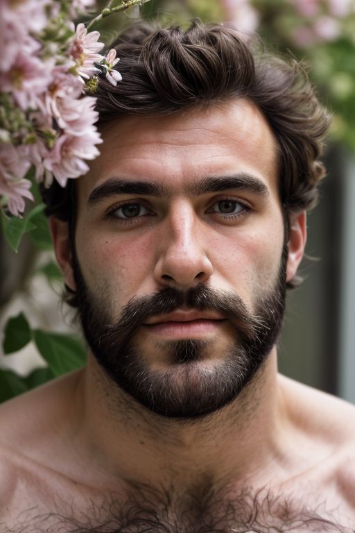 A close-up photo of a handsome hairy chested fit italian man, flowers, looking the viewer