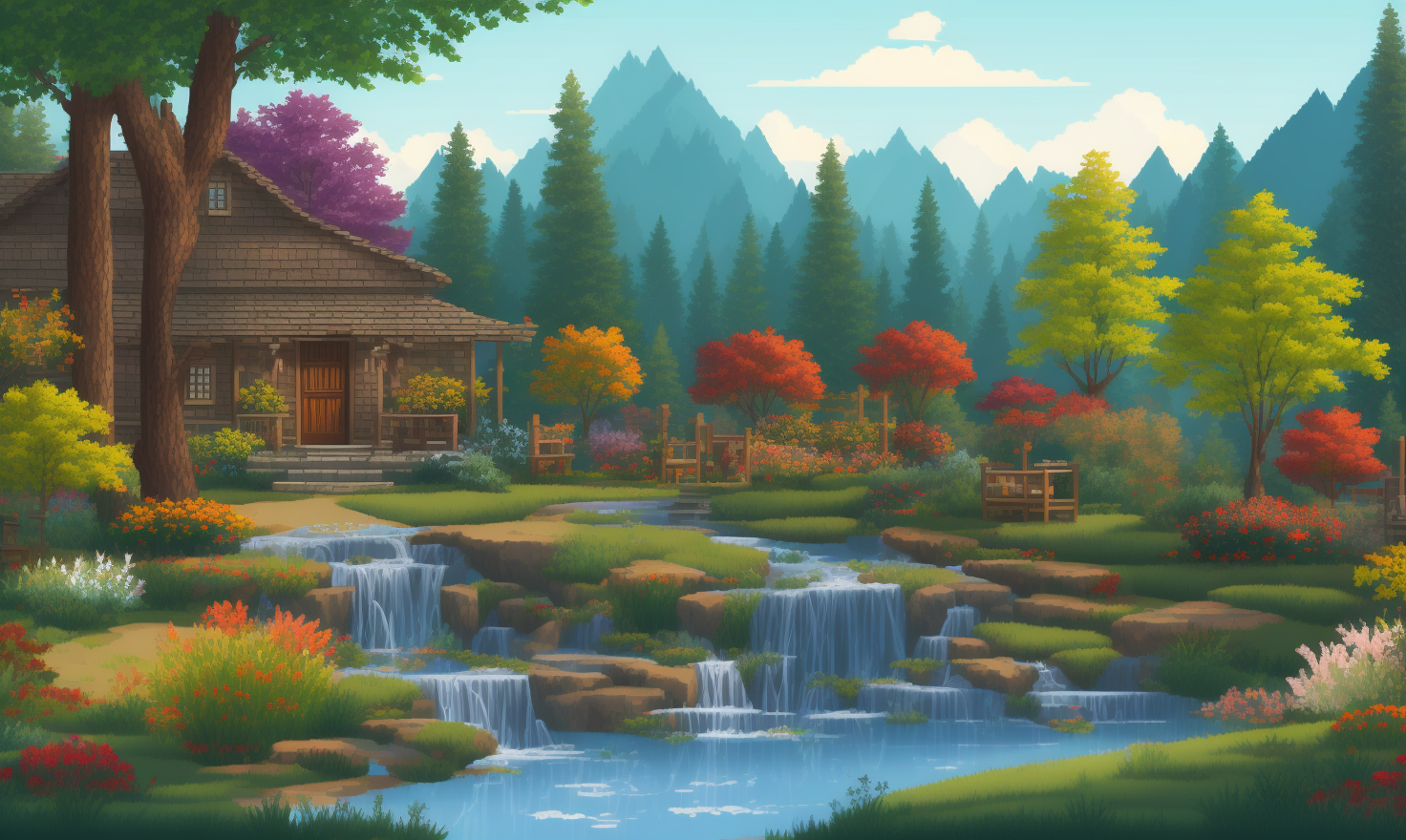 pixelart  Generate an image of a beautiful and serene garden, with colorful flowers, gentle streams, and the sounds of nat...