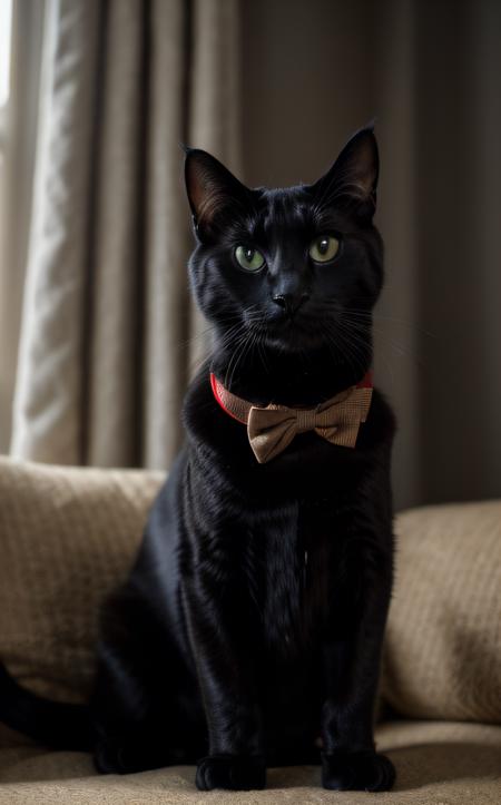 cinematic film still (top-quality, 8K, masterpiece:1.3) 
A photo of a cute, black cat, playing with a ball of yarn, wearing a tiny red bow tie, in a cozy living room setting taken with a 50mm prime lens, highly detailed, detailed skin, soft natural lighting
 <lora:epi_noiseoffset2:1> . shallow depth of field, vignette, highly detailed, high budget, bokeh, cinemascope, moody, epic, gorgeous, film grain, grainy