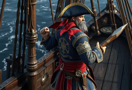 Detailed digital art of a handcrafted pirate , blue and gold intricate attire, red bandana, holding white pipe and brown sword with red gem. Standing on a weathered ship deck, facing right in a dynamic ready pose. Stunning colors, sharp lines, impeccable composition, creative angle, captivating lighting. Octane Render, Unreal Engine 5, 4K, high-res, exceptional quality. Trending on Artstation, CGSociety, Golden Ratio.