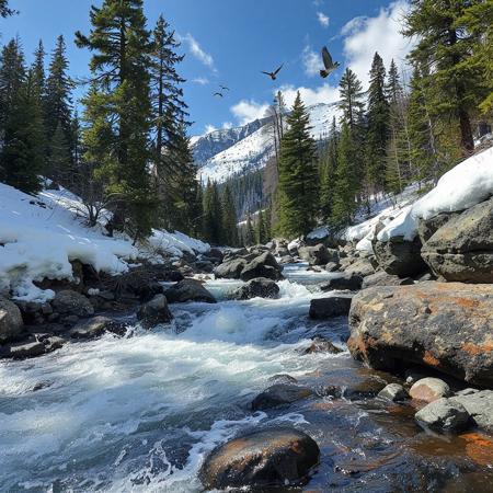 Spring melt, melting snow creates rapids down past the timberline, submerging half a foot of the trunks of evergreens, splashing off the rocks on the way down, 45 degree slope, birds take to the air, sunny, few clouds