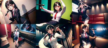 masterpiece, best quality, ultra-detailed, illustration,
(1girl:1.4),solo, glasses, ,teenage,  black hair, school bag, white collared shirt, dark red necktie, navy blue pleated skirt, blazer,
karaokeroom, karaoke, microphone,