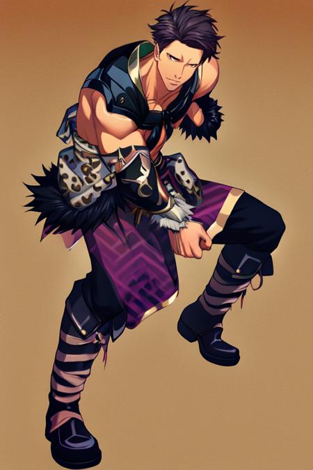 Daiitoku single shoulder armor bare pectorals fur-trimmed bracers purple vest leopard pelt black pants