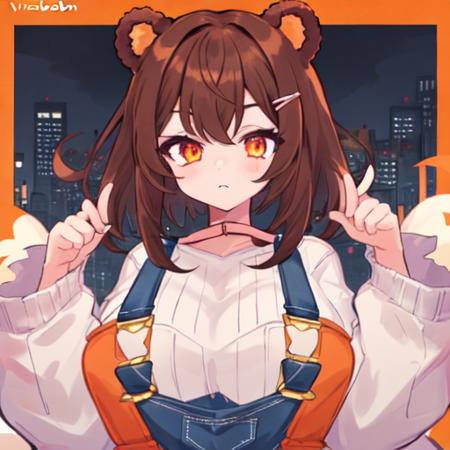 1girl, solo, high res
, sena bonbon, brown hair, hair clip, bear ears, medium hair, vtuber, large breasts, orange eyes
, waist up, orange overalls