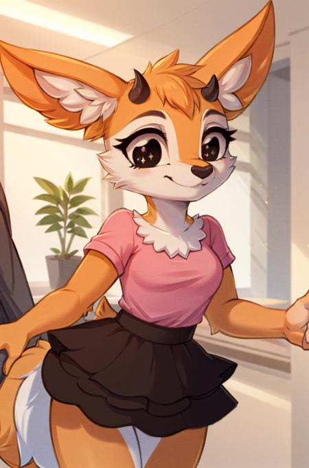 1girl, (anthro furry:1.2), TsunodaCzar, (two-toned fur, orange fur, black eyes, deer ears, horns, snout), (pink blouse, black skirt, smiling), (interior, office), (masterpiece:1.2), hires, ultra-high resolution, 8K, high quality, (sharp focus:1.2), clean, crisp, cinematic, <lora:Tsunoda-v1:1>